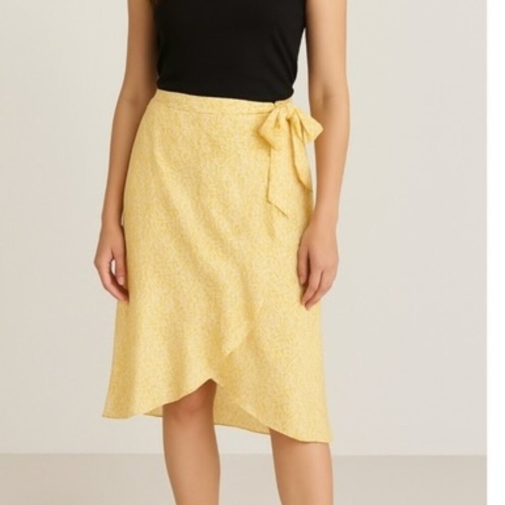 A New Day Faux Wrap Floral Summer Airy Pull‎ On Yellow Midi Skirt Size Small